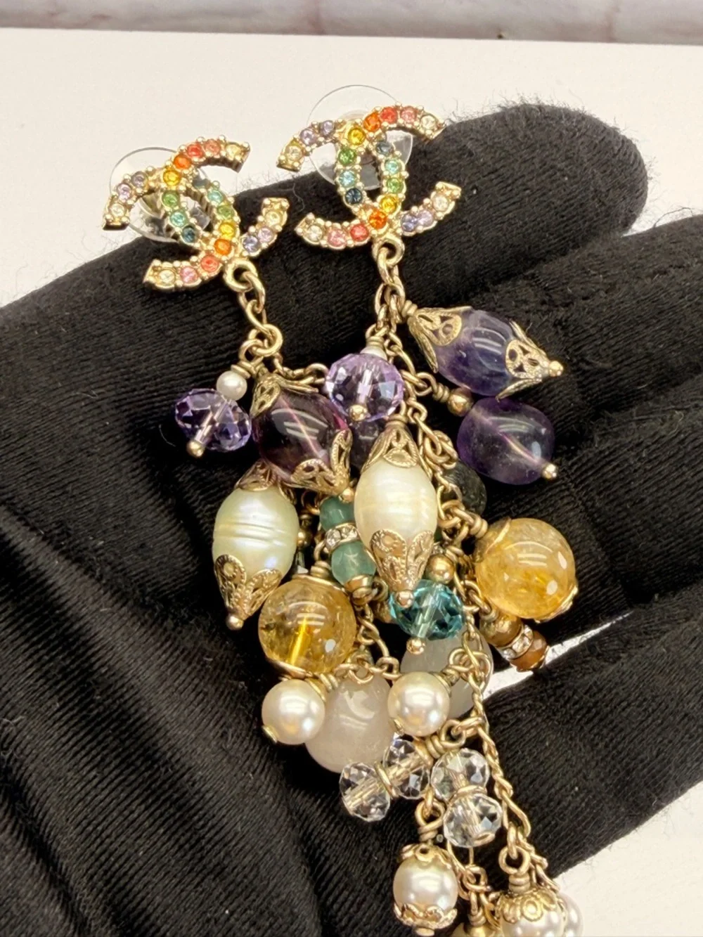 CHANEL Rainbow Strass Multi Stone Gold-Tone CC Drop Dangle Earrings